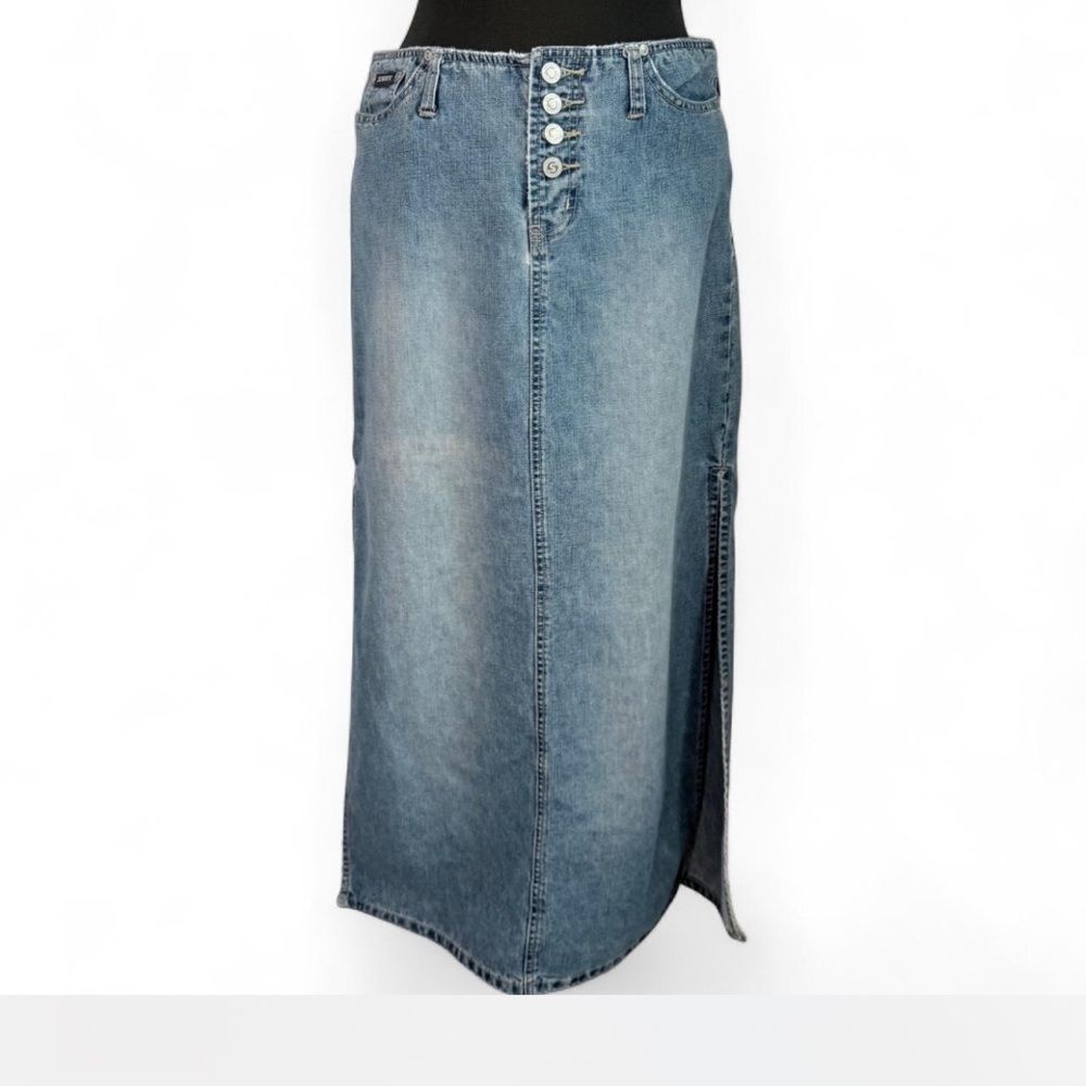 Y2K Squeeze Denim Maxi Skirt Button Fly Side Slit